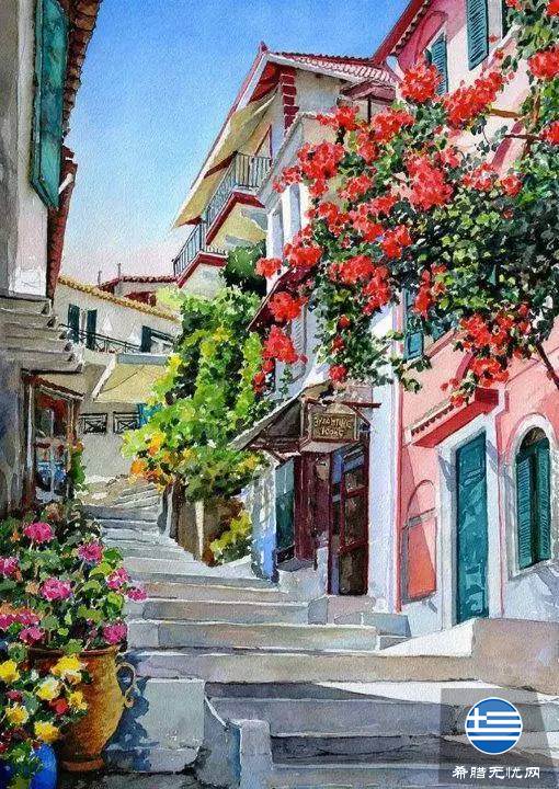 迷人爱琴海水彩画中的唯美希腊